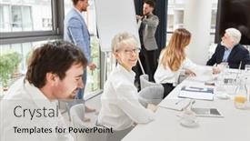  Presentation with consulting - PPT theme with business-consultant-at-the-flipchart background and a light gray colored foreground