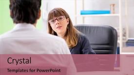  Presentation with man vs woman - PPT layouts with business conversation - man and woman discussing background and a  colored foreground