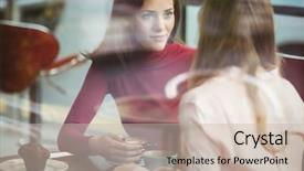  Presentation with coffee - Beautiful PPT layouts featuring business conversation - pretty friends chatting over coffee backdrop and a soft green colored foreground
