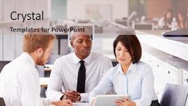  Presentation with team meeting - PPT theme having business cooperation asian woman - three office colleagues background and a mint green colored foreground