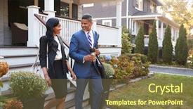  Presentation with house - Slide deck featuring going home - business couple leaving suburban house background and a tawny brown colored foreground