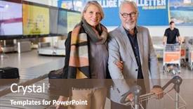  Presentation with conveyor belt - PPT theme with business couple standing by conveyor background and a tawny brown colored foreground