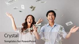  Presentation with banknotes - Colorful PPT layouts enhanced with business couple standing under money backdrop and a mint green colored foreground