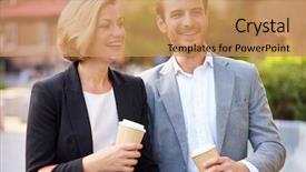  Presentation with takeaway coffee - Audience pleasing presentation consisting of business couple walking through park with takeaway coffee backdrop and a coral colored foreground