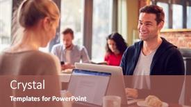  Presentation with coffee shop - PPT theme with business-couple-with-laptops-having background and a coral colored foreground