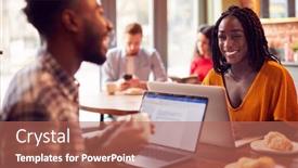  Presentation with coffee shop - Colorful slide set enhanced with business-couple-with-laptops-having backdrop and a coral colored foreground