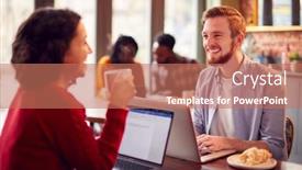  Presentation with coffee shop - PPT theme enhanced with business-couple-with-laptops-having background and a coral colored foreground