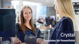  Presentation with sales - PPT theme consisting of business credit - portrait of young female sales background and a navy blue colored foreground