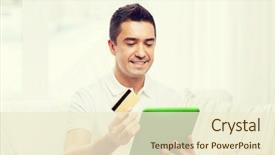  Presentation with tablet - PPT theme consisting of business credit - smiling man working with tablet background and a cream colored foreground