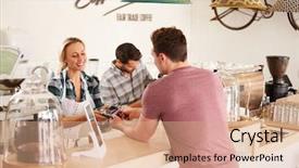  Presentation with order - Presentation theme with business credit - young man paying for his background and a coral colored foreground