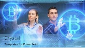  Presentation with bitcoins - PPT theme with business cryptocurrency finance and technology concept - businessman and businesswoman with virtual bitcoins background and a light blue colored foreground