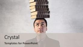  Presentation with tan book stack stacks of books - Cool new PPT theme with business culture - man with stack of books backdrop and a light gray colored foreground