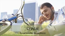  Presentation with phone - Presentation design consisting of business cycle - young businessman using mobile phone background and a mint green colored foreground