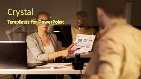  Presentation with computer software - Amazing theme having business deadline and software development concept - coworkers with user interface mockup on paper and laptop computer working late at night office and talking backdrop and a tawny brown colored foreground