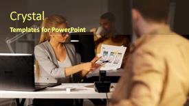  Presentation with computer software - PPT layouts consisting of business deadline and software development concept - coworkers with user interface mockup on paper and laptop computer working late at night office and talking background and a tawny brown colored foreground