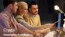  Presentation with coworkers - Presentation theme featuring business deadline and technology concept - coworkers or designers with user interface mockup on computer screen working late at night office background and a coral colored foreground