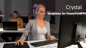  Presentation with developer - Audience pleasing presentation consisting of business deadline and technology concept - designer or user interface developer with computer working at night office backdrop and a dark gray colored foreground