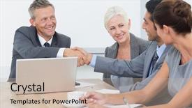  Presentation with board meeting - Colorful presentation enhanced with business deals - executives shaking hands in board backdrop and a soft green colored foreground