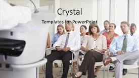  Presentation with conference - Colorful slide set enhanced with business delegates listening to presentation at conference backdrop and a light gray colored foreground