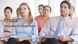  Presentation with listening - Amazing slide set having business delegates listening to presentation backdrop and a coral colored foreground
