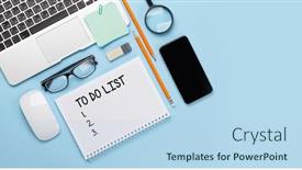  Presentation with business office desk - Presentation design having business-desk-workplace-and-office background and a light blue colored foreground