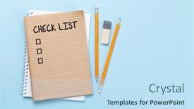  Presentation with business office desk - Presentation theme enhanced with business-desk-workplace-with-check background and a sky blue colored foreground