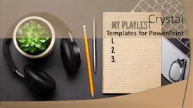  Presentation with black business - Slide set consisting of business-desk-workplace-with-headphones background and a coral colored foreground