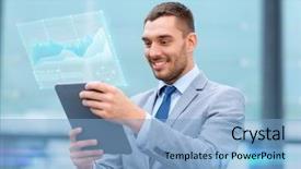 Presentation with growth chart - Audience pleasing theme consisting of business development technology and people concept - smiling businessman working with tablet pc computer and virtual growth chart on city street backdrop and a light blue colored foreground