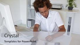  Presentation with office desk reception - Colorful slide set enhanced with business diary - casual young businessman organizing his backdrop and a light gray colored foreground