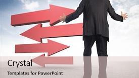  Presentation with arrows process - Presentation theme featuring business direction - gesturing businessman against red arrows background and a lemonade colored foreground