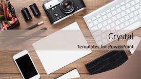  Presentation with office desk reception - Audience pleasing slide set consisting of business document frame - office desk with supplies camera backdrop and a mint green colored foreground