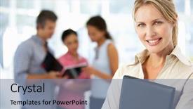  Presentation with office - PPT theme consisting of business dress - businesswoman in office background and a seafoam green colored foreground