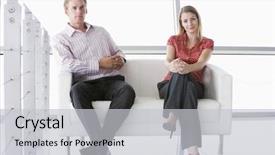  Presentation with lobby - Cool new slides with business dress - two businesspeople sitting in office backdrop and a  colored foreground