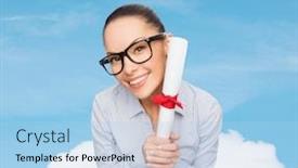  Presentation with diploma - Amazing presentation design having business educatiom and office concept - smiling businesswoman in eyeglasses with diploma backdrop and a light blue colored foreground