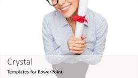  Presentation with education - Beautiful presentation design featuring business education and office concept - smiling businesswoman in eyeglasses with diploma backdrop and a white colored foreground