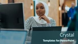  Presentation with business office desk - PPT theme having business-education-and-office-concept background and a ocean colored foreground