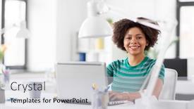  Presentation with young happy people smiling - Audience pleasing PPT theme consisting of business education and people concept - happy smiling young african american woman with laptop computer working at office backdrop and a light gray colored foreground