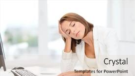  Presentation with technology education - Colorful presentation enhanced with business education and technology concept - tired businesswoman with computer papers and calculator at work backdrop and a lemonade colored foreground