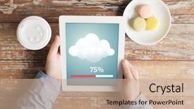  Presentation with education data - Audience pleasing theme consisting of business education cloud computing people and technology concept - close up of male hands with tablet pc computer transferring data backdrop and a coral colored foreground