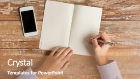  Presentation with technology education - Cool new PPT theme with business education people and technology concept - close up of female hands with notebook and smartphone on table backdrop and a coral colored foreground