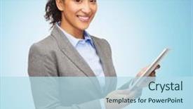  Presentation with technology education - Presentation theme featuring business education people and technology concept - smiling african american woman holding tablet pc computer over blue background background and a sky blue colored foreground