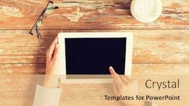  Presentation with education technology - Theme enhanced with business education people and technology concept - close up of female hands pointing finger to tablet pc computer black blank screen with coffee cup and eyeglasses background and a lemonade colored foreground