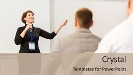  Presentation with people talking - Cool new PPT theme with business education and people concept backdrop and a mint green colored foreground