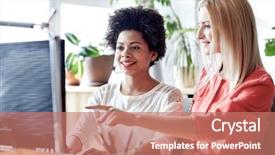  Presentation with business women - Slides with business education startup and people background and a coral colored foreground