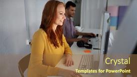  Presentation with technology education - Theme featuring business education technology and people concept - happy young woman with computer working at office background and a coral colored foreground