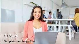  Presentation with education technology - Presentation theme with business education technology and people concept - happy young african american woman with laptop computer working at office background and a lemonade colored foreground