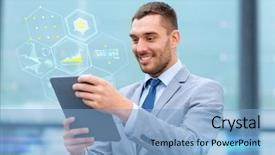  Presentation with education technology - Audience pleasing PPT theme consisting of business education technology and people concept - smiling businessman working with tablet pc computer and virtual chart projection on city street backdrop and a light blue colored foreground