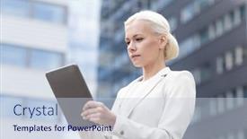  Presentation with education technology - Colorful slide set enhanced with business education technology and people concept - businesswoman working with tablet pc computer on city street backdrop and a lemonade colored foreground