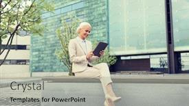  Presentation with technology education - Slide deck featuring business education technology and people concept - smiling businesswoman working with tablet pc computer on city street background and a light gray colored foreground