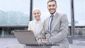  Presentation with technology education - Cool new PPT layouts with business education technology and people concept - smiling businesspeople working with laptop computer on city street backdrop and a light gray colored foreground